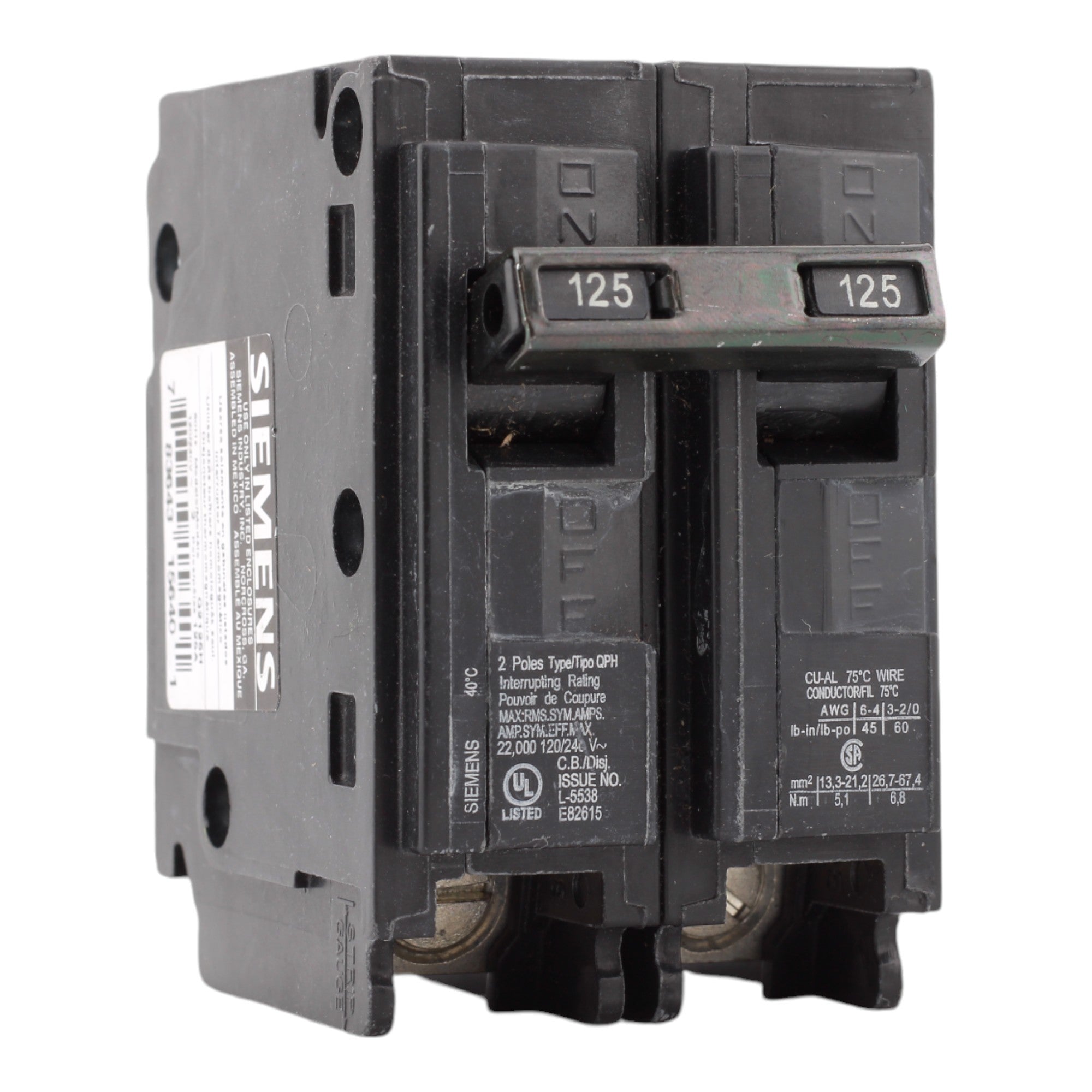 Siemens Q2125H 125 Amp Double Pole 240V Plug-In Standard Trip Circuit Breaker UL