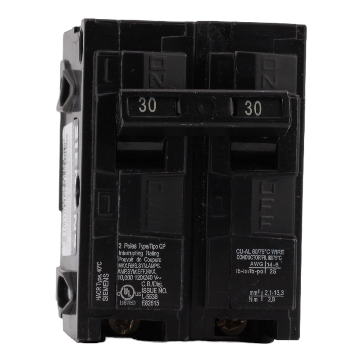 Siemens Q230 30 Amp Double Pole Circuit Breaker, Thermal Magnetic Trip, 120/240V, Plug-In, UL Listed