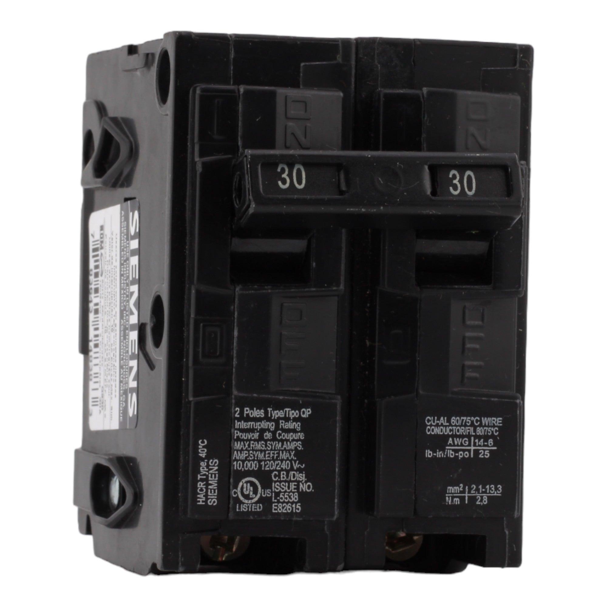 Siemens Q230 30 Amp Double Pole Circuit Breaker, Thermal Magnetic Trip, 120/240V, Plug-In, UL Listed