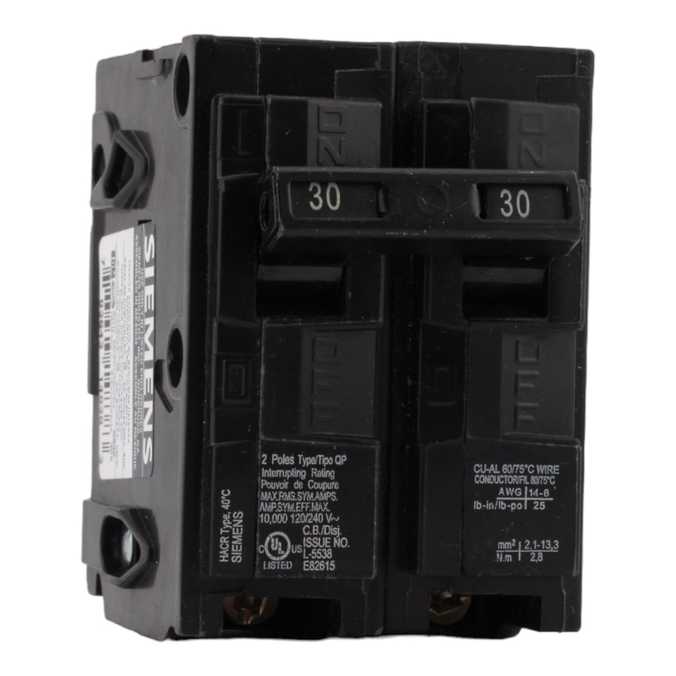 Siemens Q230 30 Amp Double Pole Circuit Breaker, Thermal Magnetic Trip, 120/240V, Plug-In, UL Listed - RES LLC Store