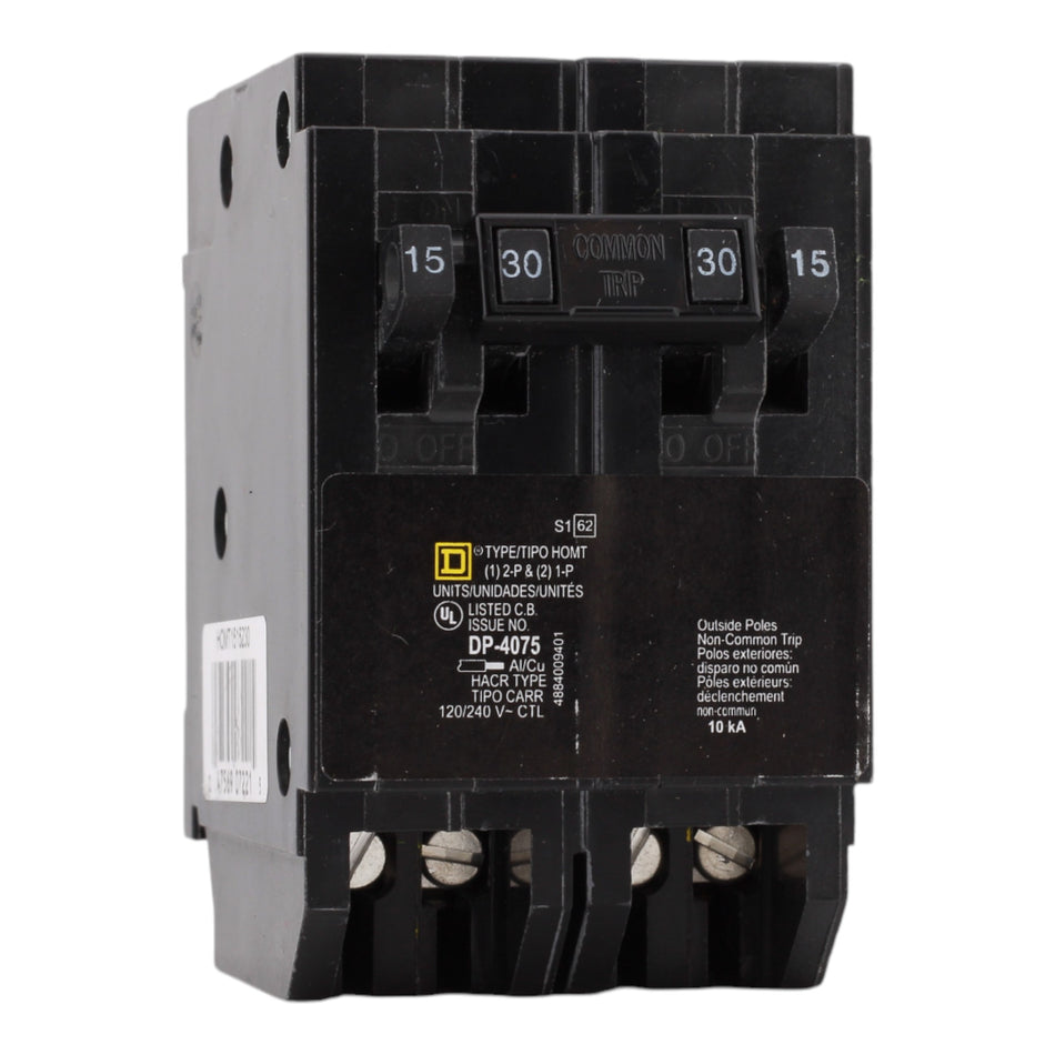 Square D HOMT1515230 15 Amps/30 Amps 120/240 Volts Quad Tandem Circuit Breaker, Plug-In Mount, For Homeline Panels