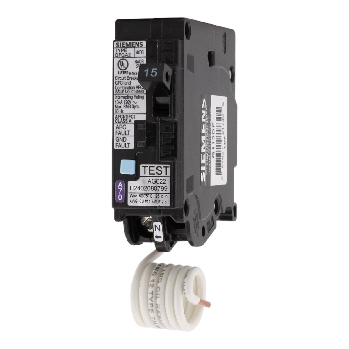 Siemens Q115DF 15 Amp Single Pole 120V Pigtail-Neutral AFCI/GFCI Dual Function Circuit Breaker UL