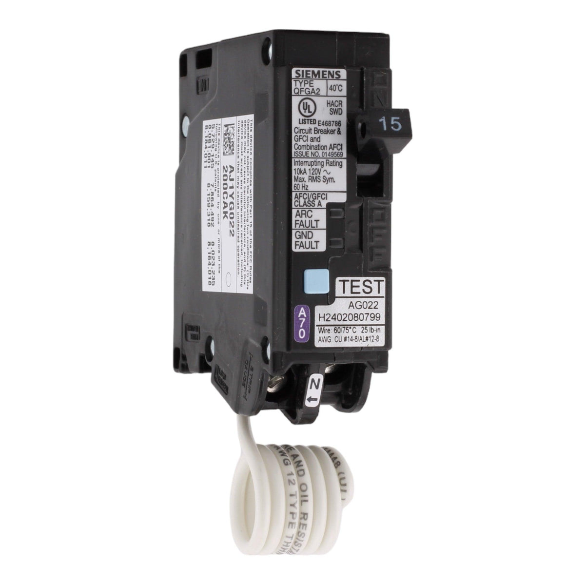 Siemens Q115DF 15 Amp Single Pole 120V Pigtail-Neutral AFCI/GFCI Dual Function Circuit Breaker UL