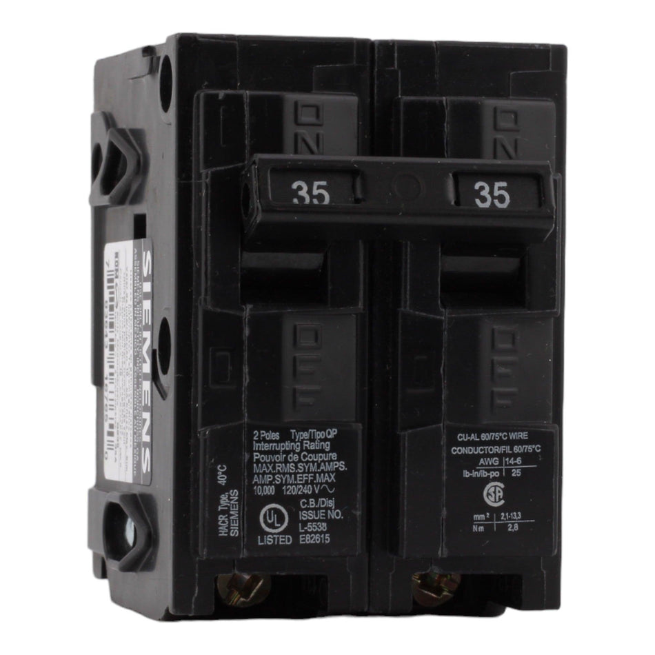 Siemens Q235 35 Amp Double Pole Circuit Breaker, Thermal Magnetic Trip, 120/240V, Plug-In, UL Listed - RES LLC Store