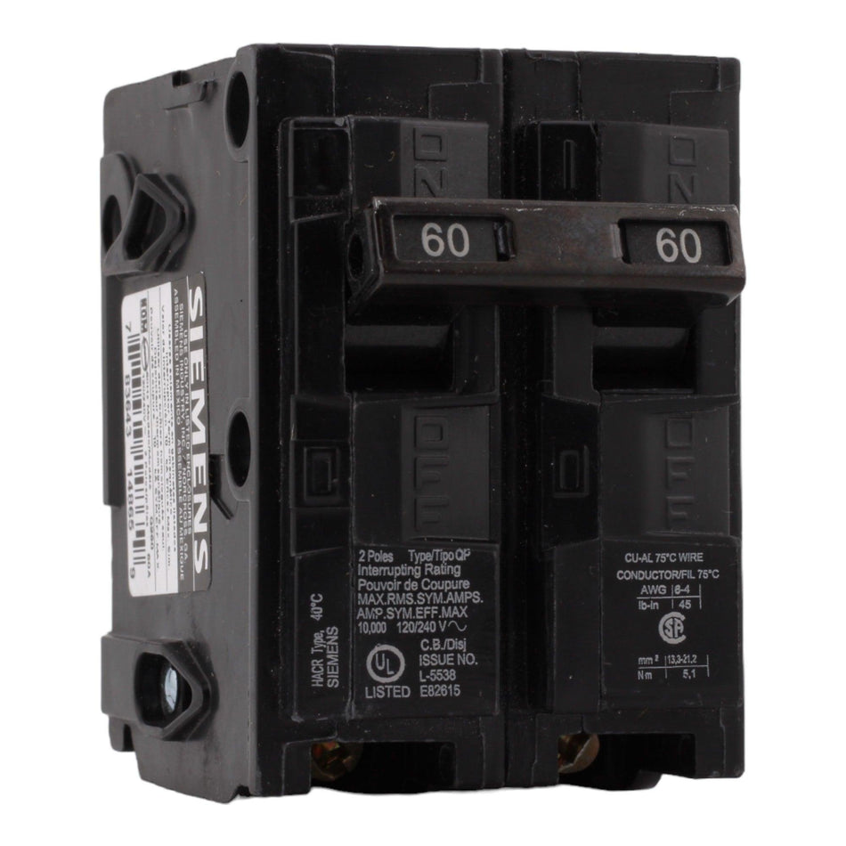 Siemens Q260 60 Amp Double Pole 240V Plug-In Standard Trip Circuit Breaker UL - RES LLC Store