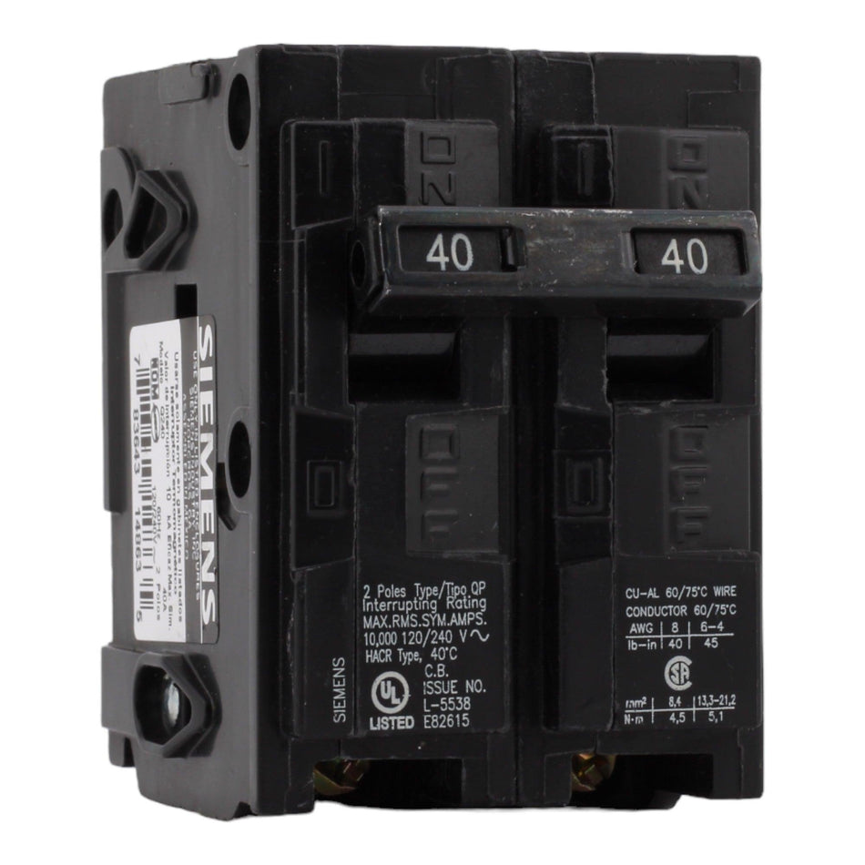 Siemens Q240 40 Amp Double Pole Circuit Breaker, Thermal Magnetic Trip, 120/240V, Plug-In, UL Listed - RES LLC Store