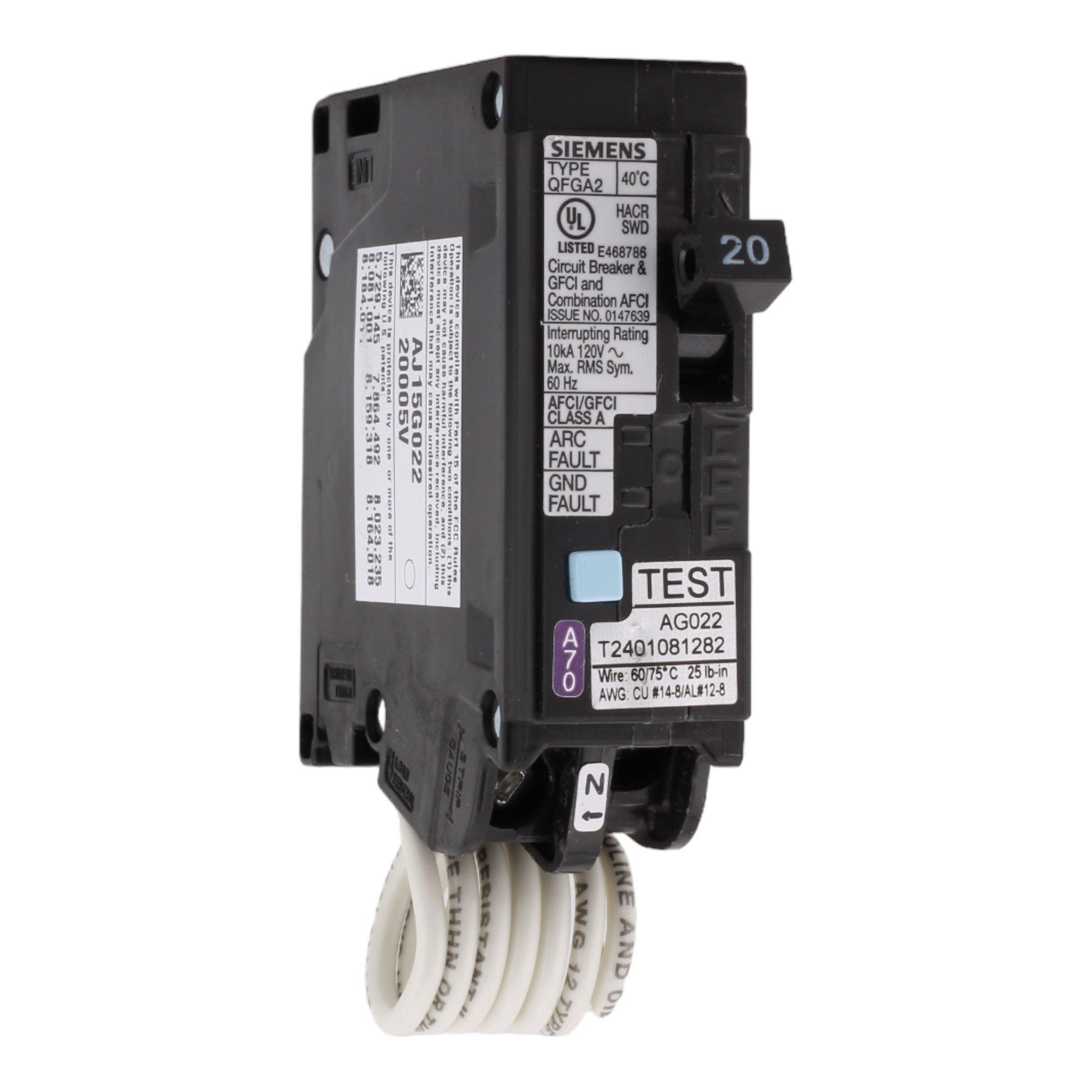 Siemens Q120DF 20 Amp Single Pole 120V Pigtail-Neutral AFCI/GFCI Dual Function Circuit Breaker UL