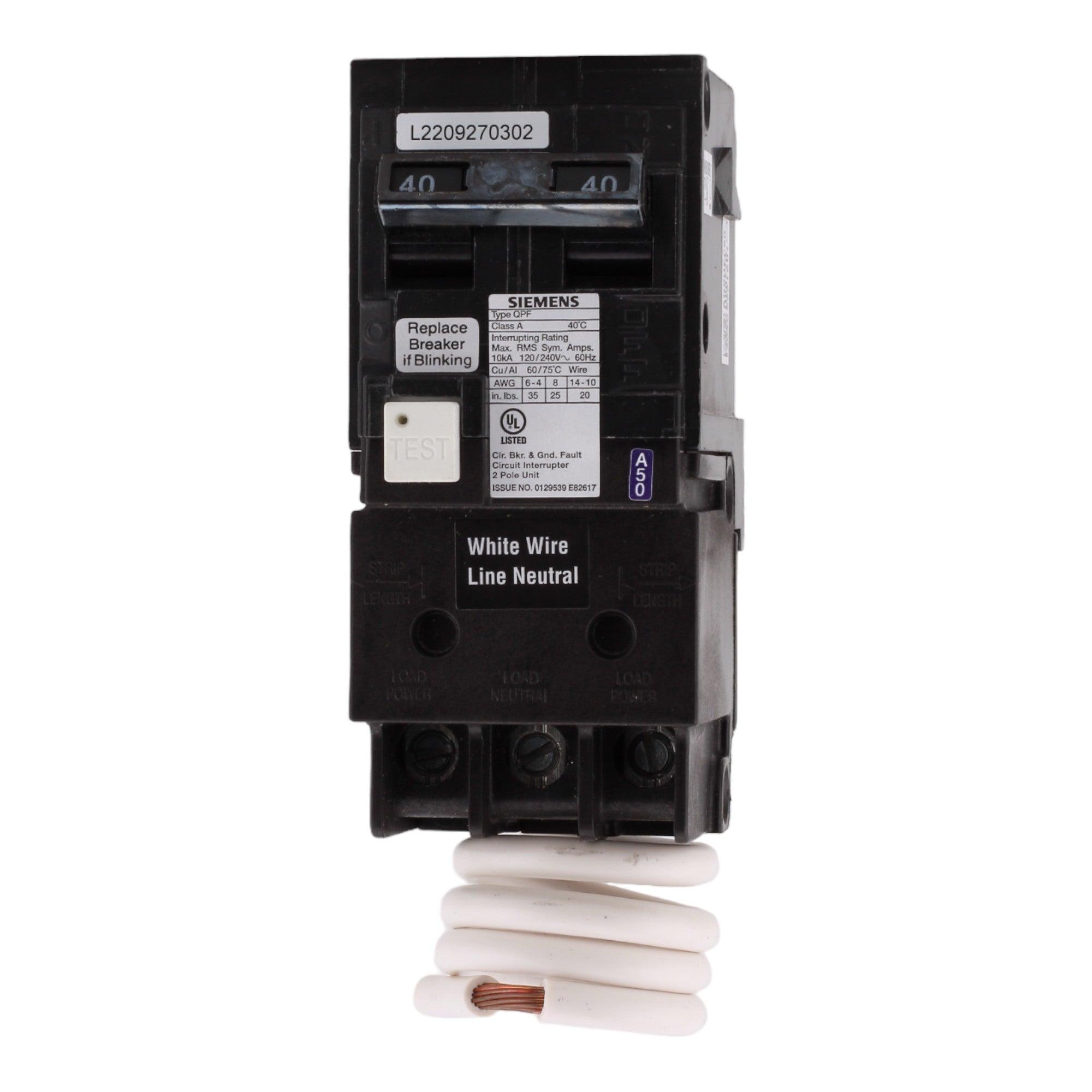 Siemens QF240A 40 Amp Double Pole 240V Pigtail-Neutral GFCI Ground Fault Circuit Breaker UL