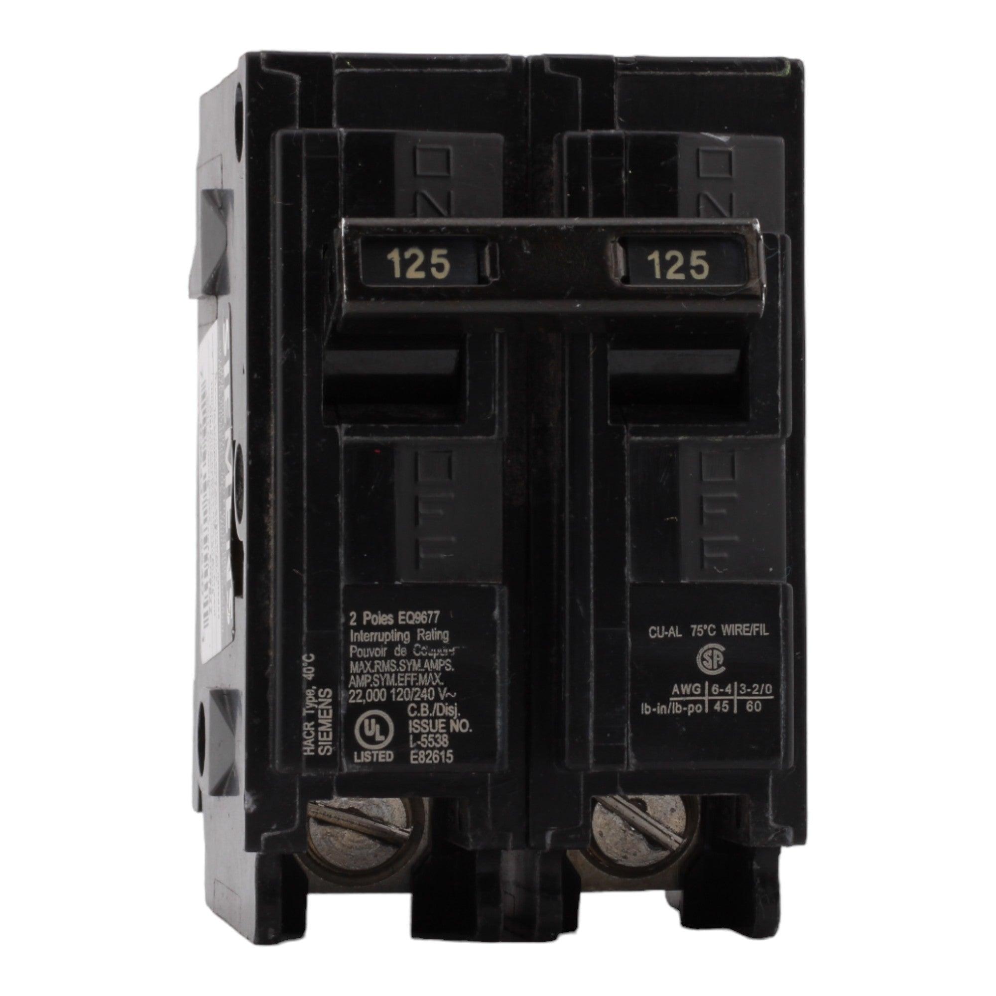 Siemens EQ9677 125 Amp Double Pole Circuit Breaker, Thermal Magnetic Trip, 240V, Plug-In, UL Listed