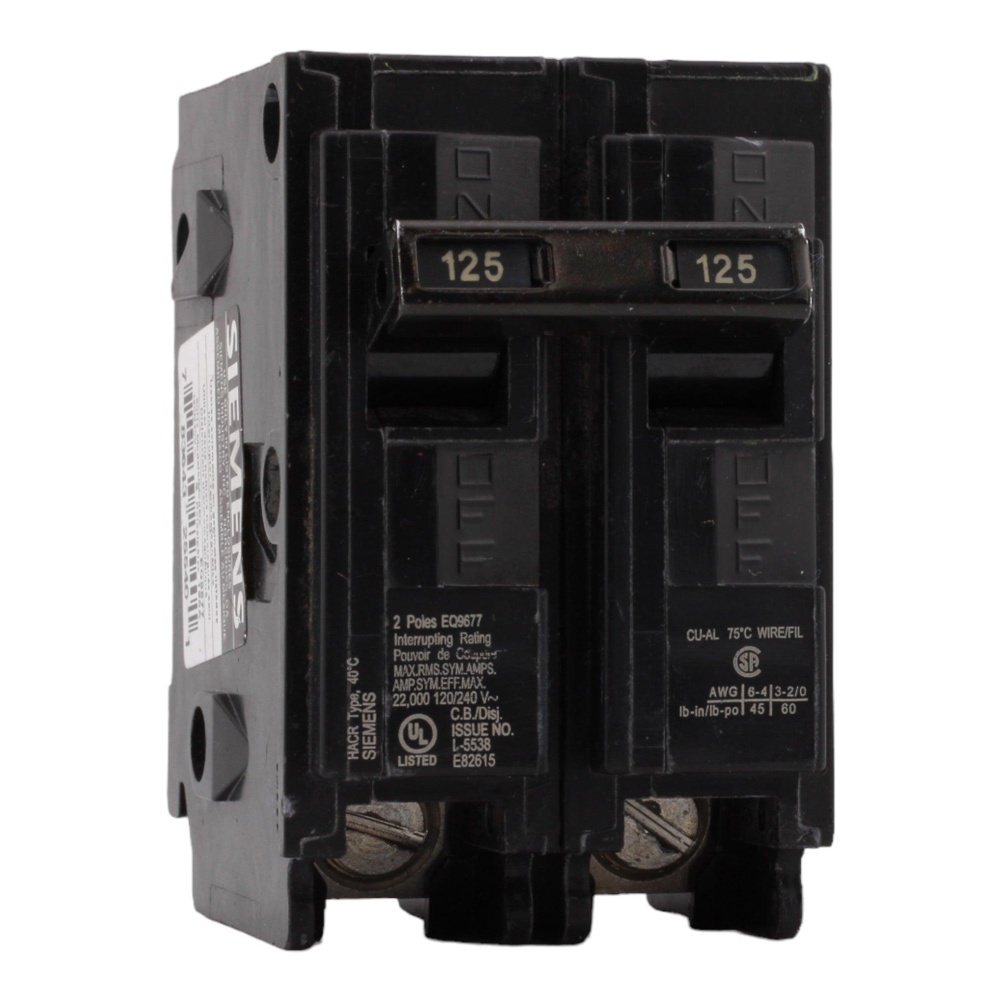 Siemens EQ9677 125 Amp Double Pole Circuit Breaker, Thermal Magnetic Trip, 240V, Plug-In, UL Listed