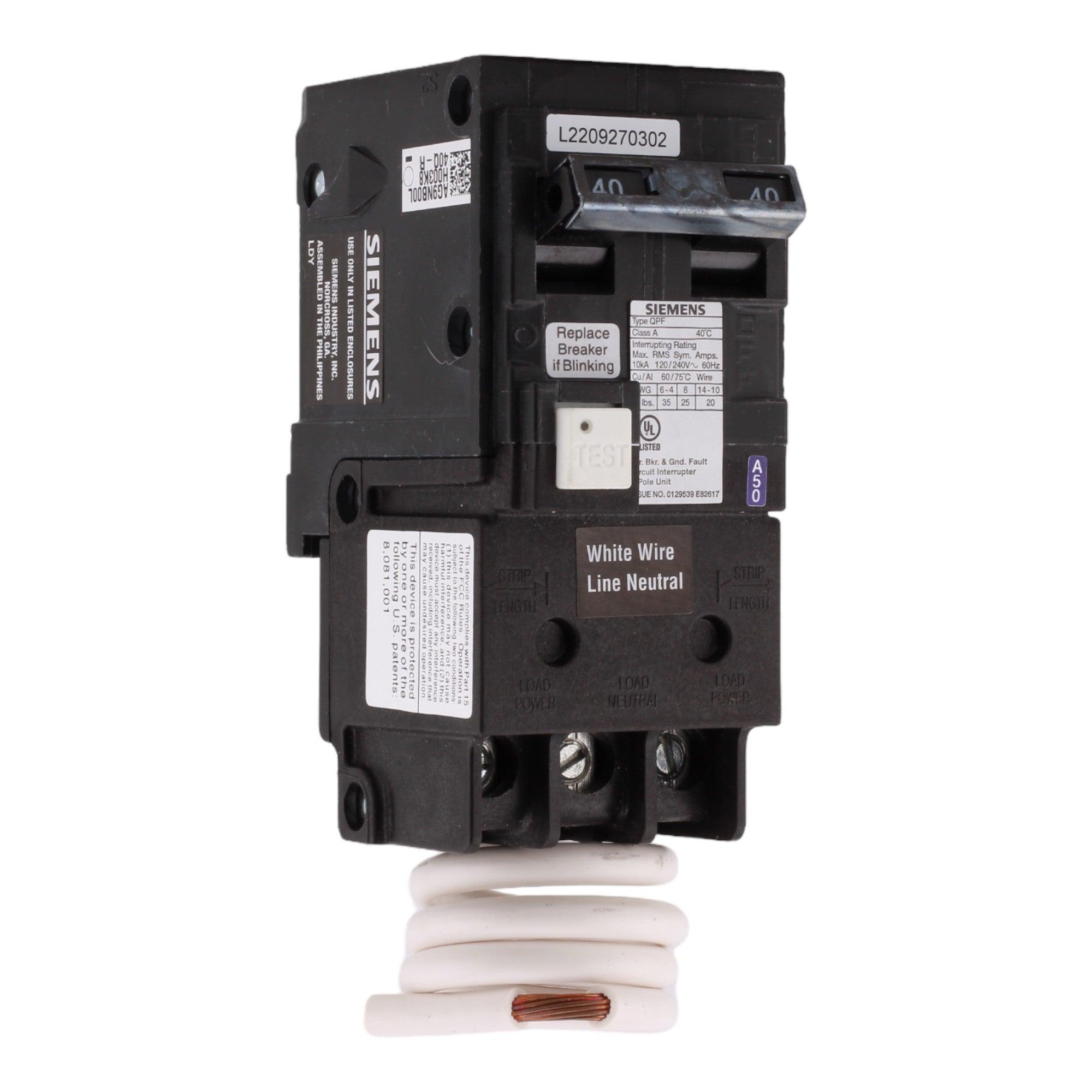 Siemens QF240A 40 Amp Double Pole 240V Pigtail-Neutral GFCI Ground Fault Circuit Breaker UL