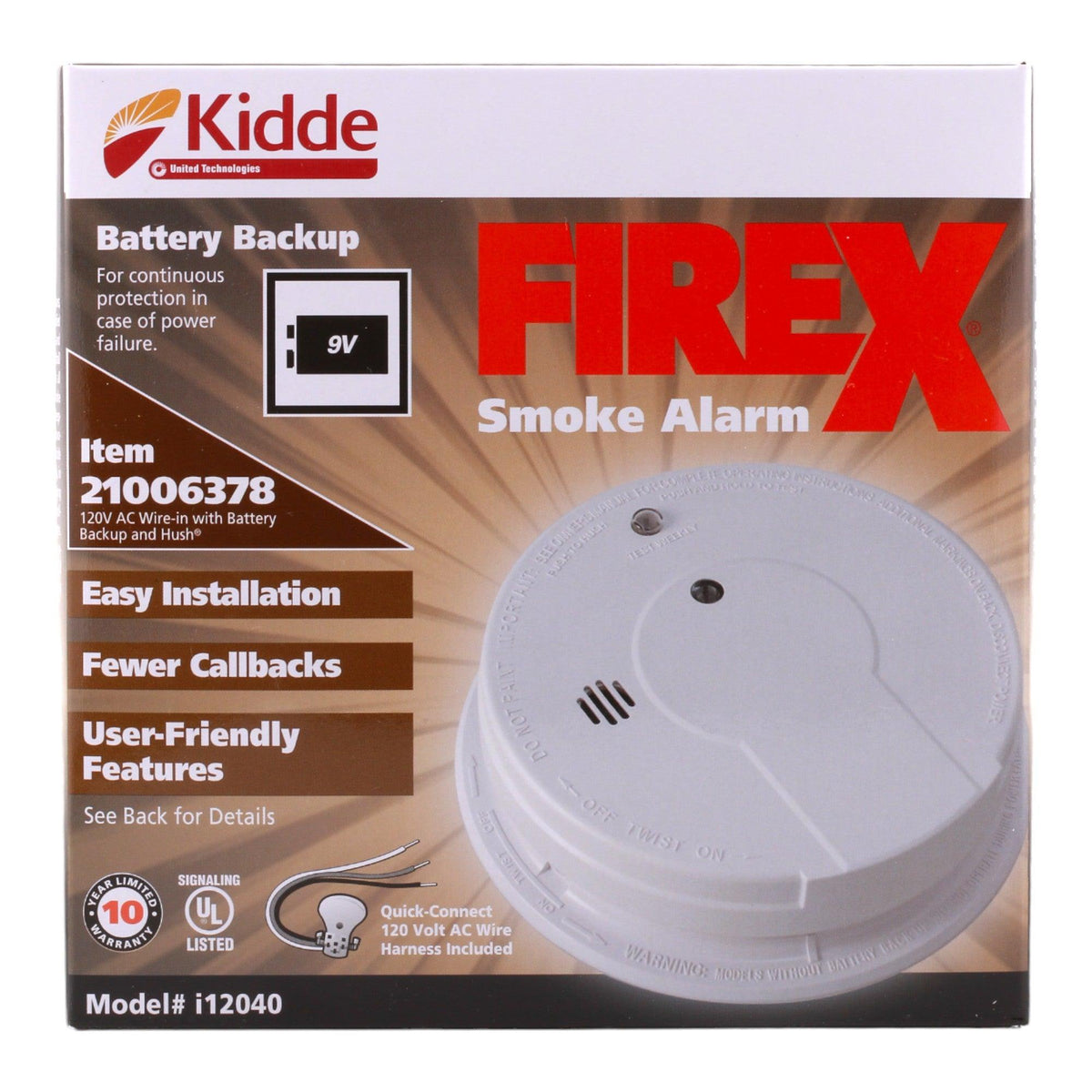 Kidde i12040 120V AC/DC Smoke Alarm with 9V Battery Backup - Ionization Sensor