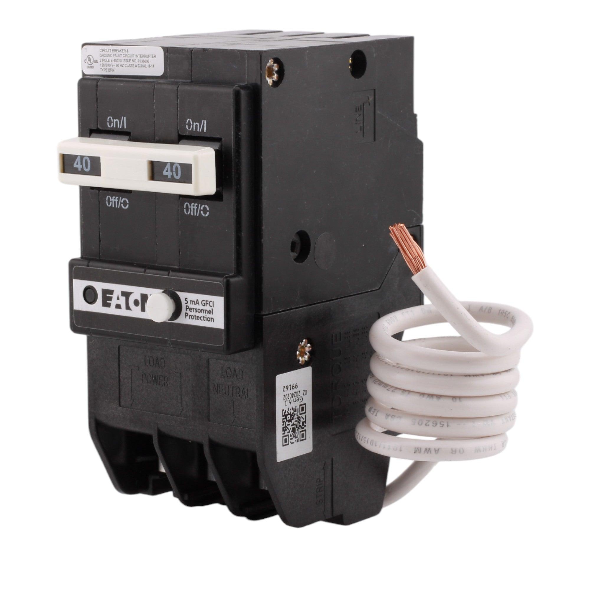 Eaton BRN240GF 40 Amp Double Pole 240V Pigtail-Neutral GFCI Ground Fault Circuit Breaker UL