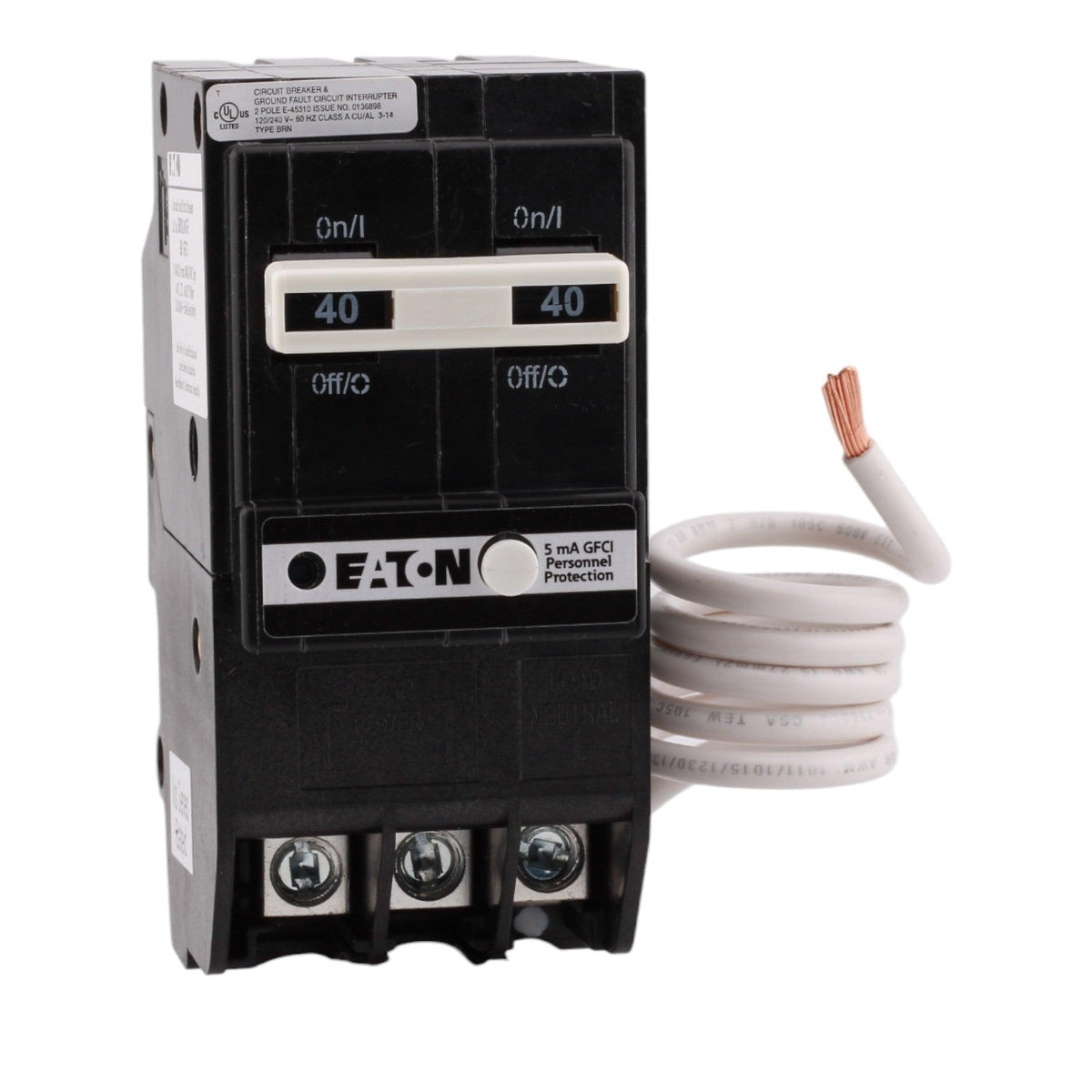 Eaton BRN240GF 40 Amp Double Pole 240V Pigtail-Neutral GFCI Ground Fault Circuit Breaker UL