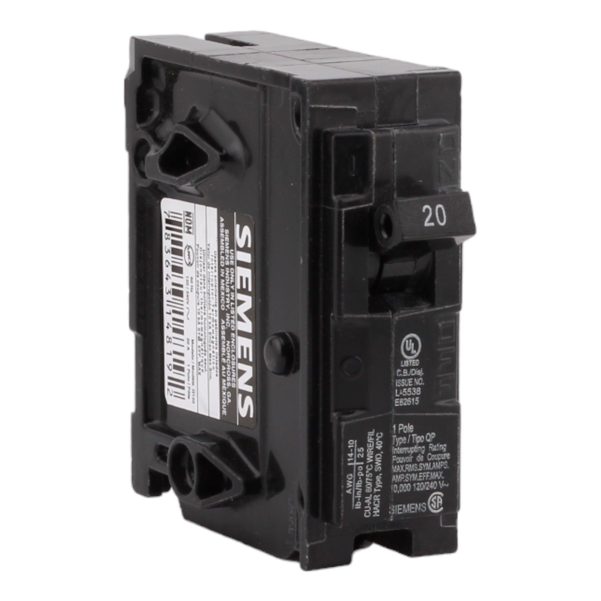 Siemens Q120 20 Amp Single Pole Circuit Breaker - 120V, Plug-In, UL Listed