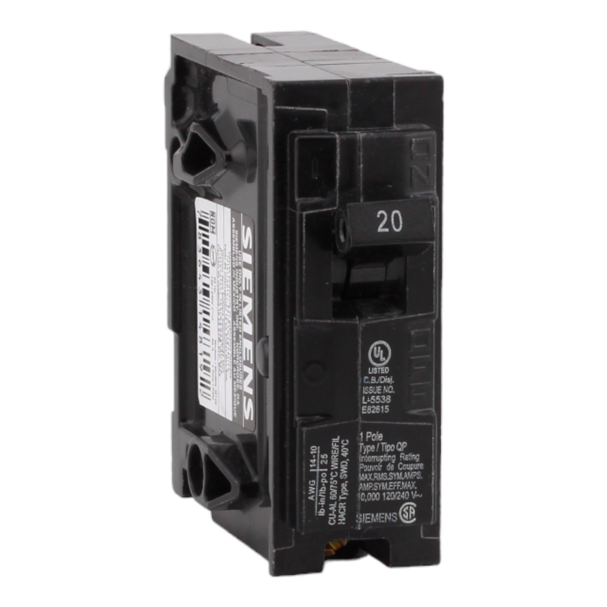 Siemens Q120 20 Amp Single Pole Circuit Breaker - 120V, Plug-In, UL Listed