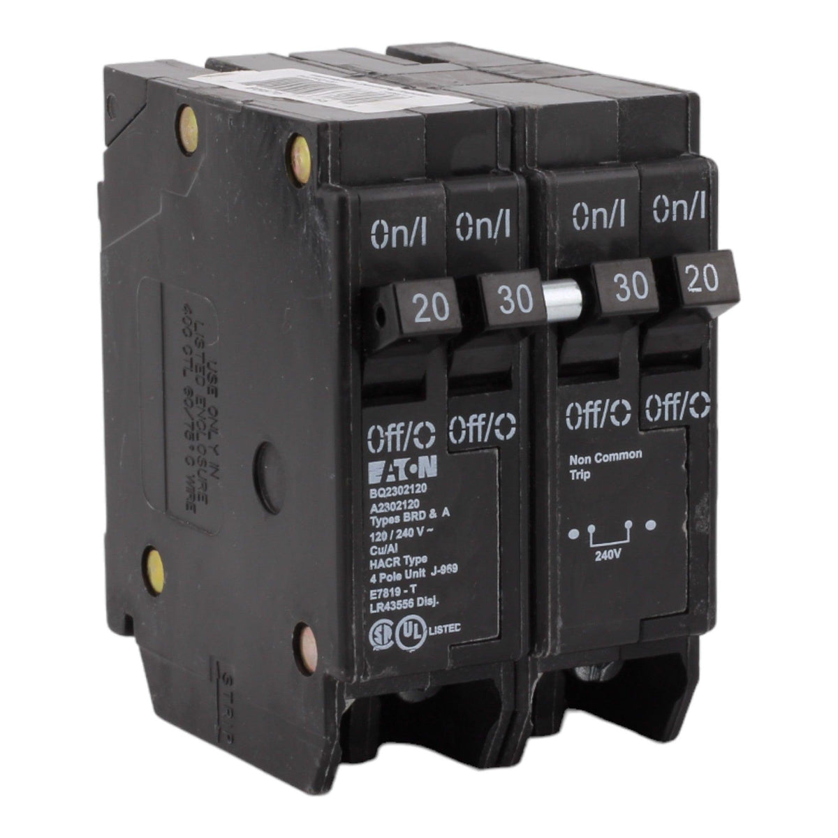 Eaton BQ2302120 30/20 Amp Quad Circuit Breaker - Standard Trip, 120/240V, Plug-On, UL Listed