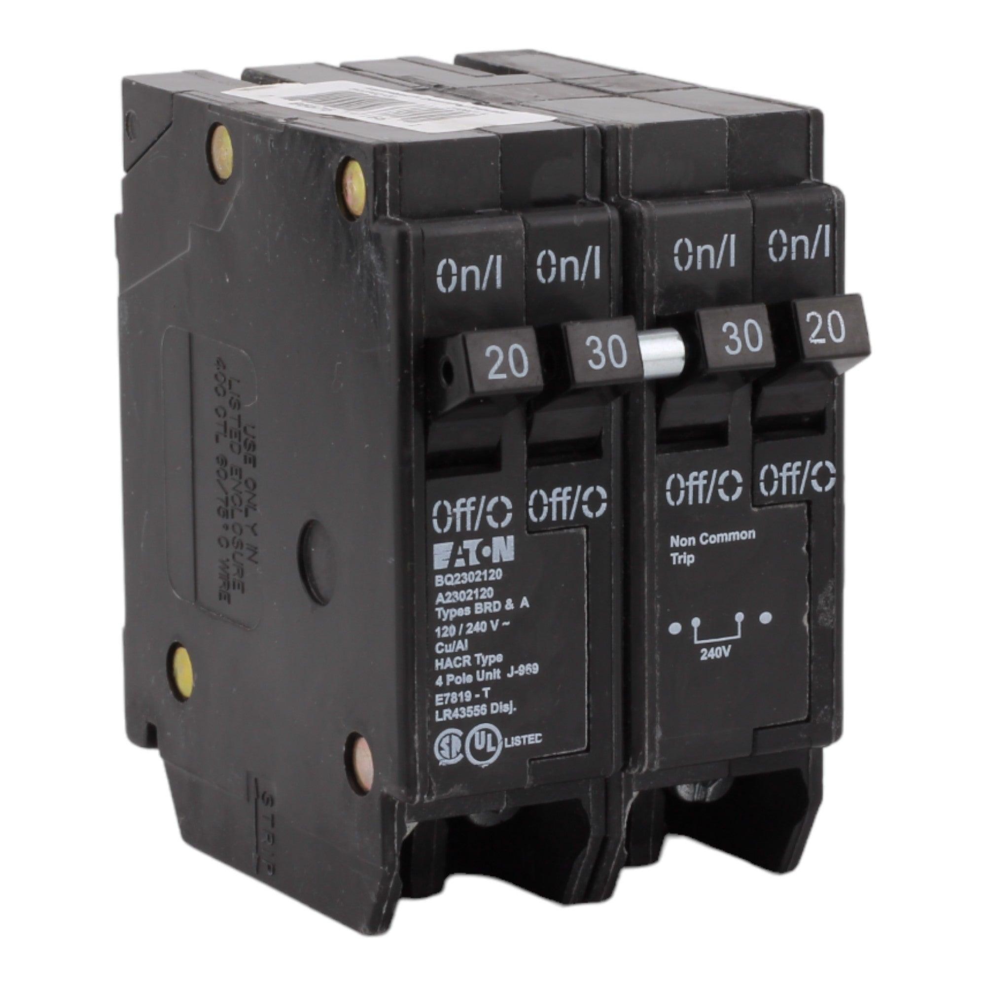 Eaton BQ2302120 30/20 Amp Quad Circuit Breaker - Standard Trip, 120/240V, Plug-On, UL Listed