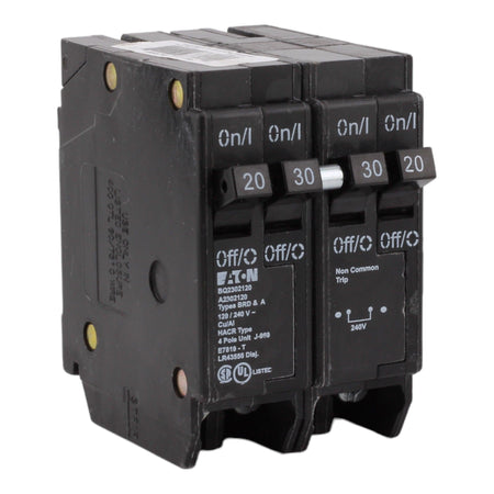 Eaton BQ2302120 30/20 Amp Quad Circuit Breaker - Standard Trip, 120/240V, Plug-On, UL Listed