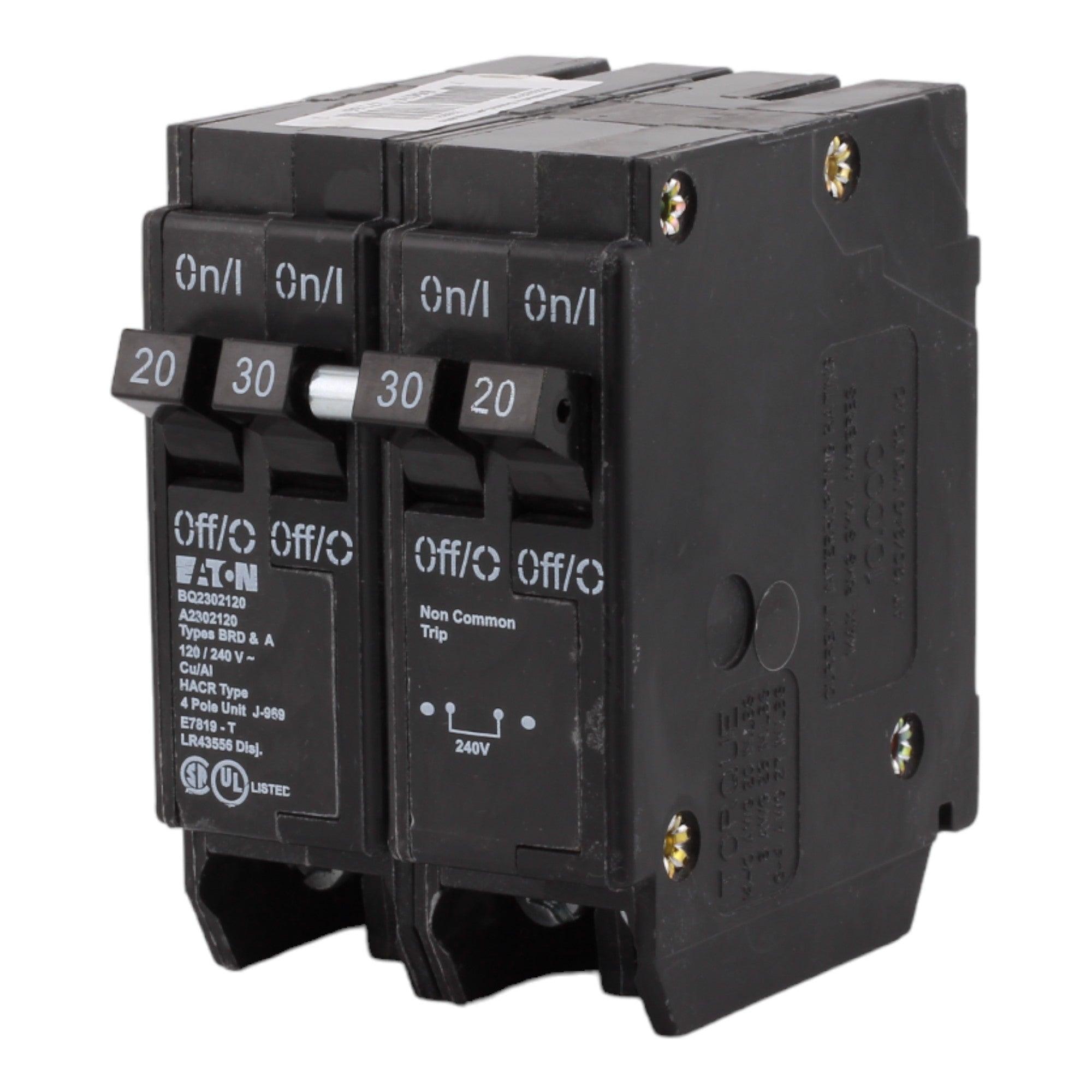 Eaton BQ2302120 30/20 Amp Quad Circuit Breaker - Standard Trip, 120/240V, Plug-On, UL Listed