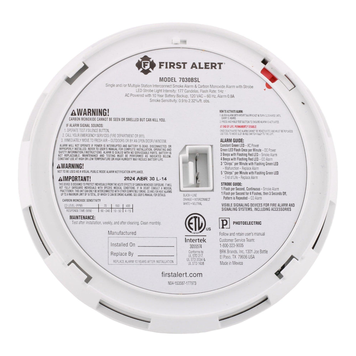 BRK 7030BSL Smoke and Carbon Monoxide Alarm with LED Strobe Light and 10-Year Battery Backup