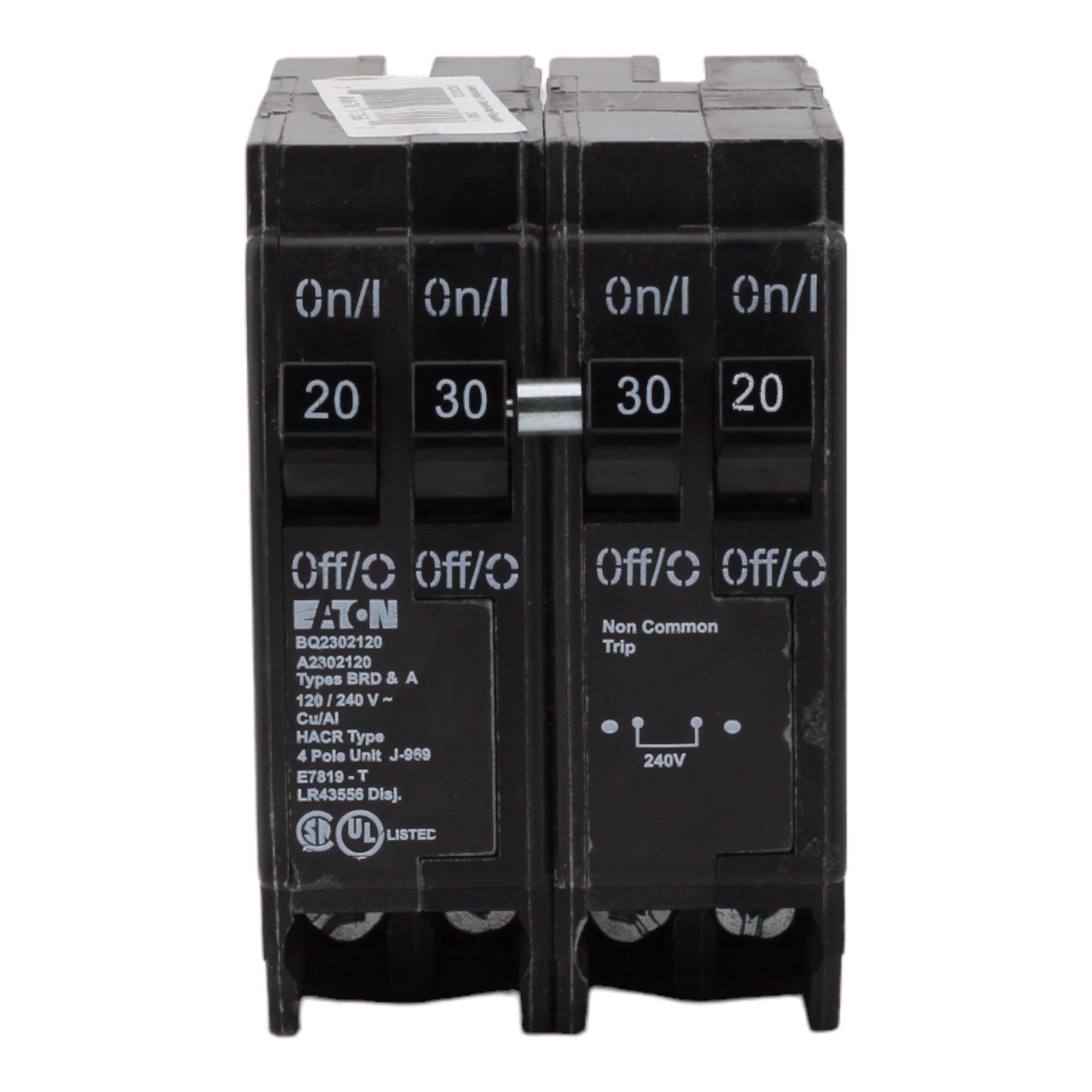 Eaton BQ2302120 30/20 Amp Quad Circuit Breaker - Standard Trip, 120/240V, Plug-On, UL Listed