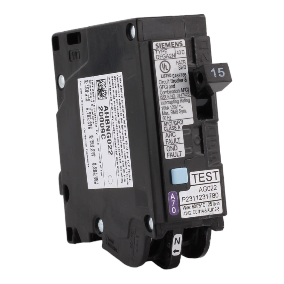 Siemens Q115DFNP 15 Amps 120 Volts Single-Pole Dual Function AFCI/GFCI Plug on Neutral Breaker for Siemens Panels