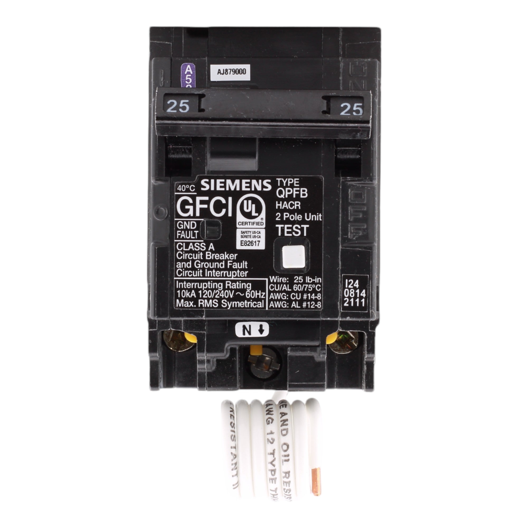 Siemens Q225GF 25 Amp Double Pole 240V Pigtail-Neutral GFCI Ground Fault Circuit Breaker UL