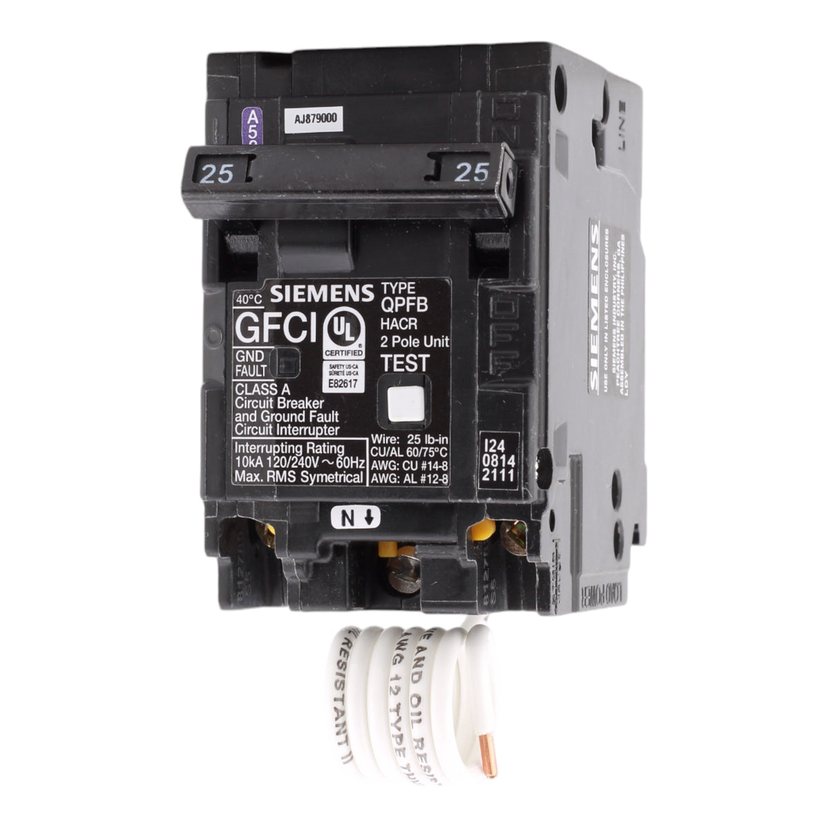 Siemens Q225GF 25 Amp Double Pole 240V Pigtail-Neutral GFCI Ground Fault Circuit Breaker UL