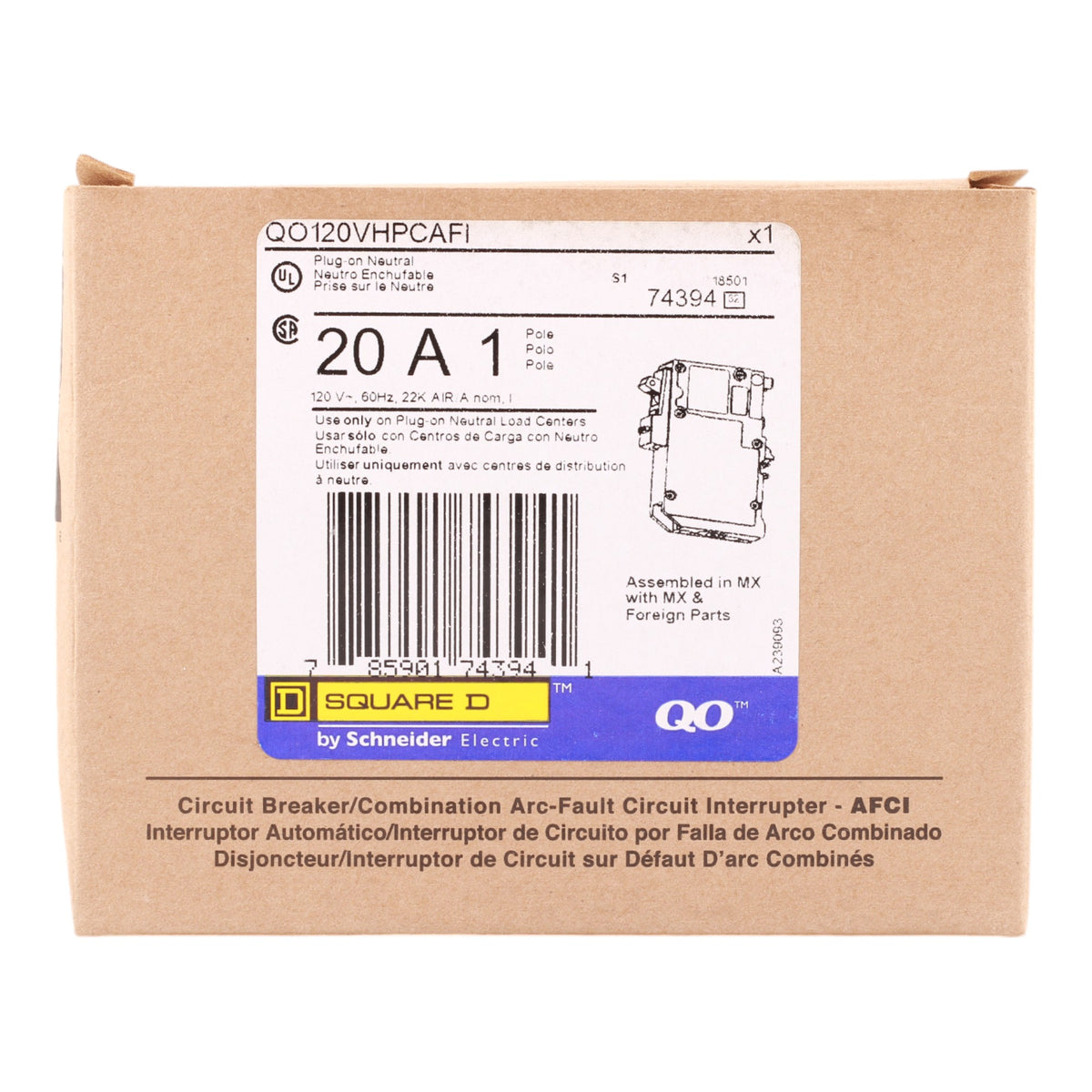 Square D QO120VHPCAFI 20 Amp Single Pole 120V Plug-On Neutral AFCI Arc Fault Circuit Breaker UL