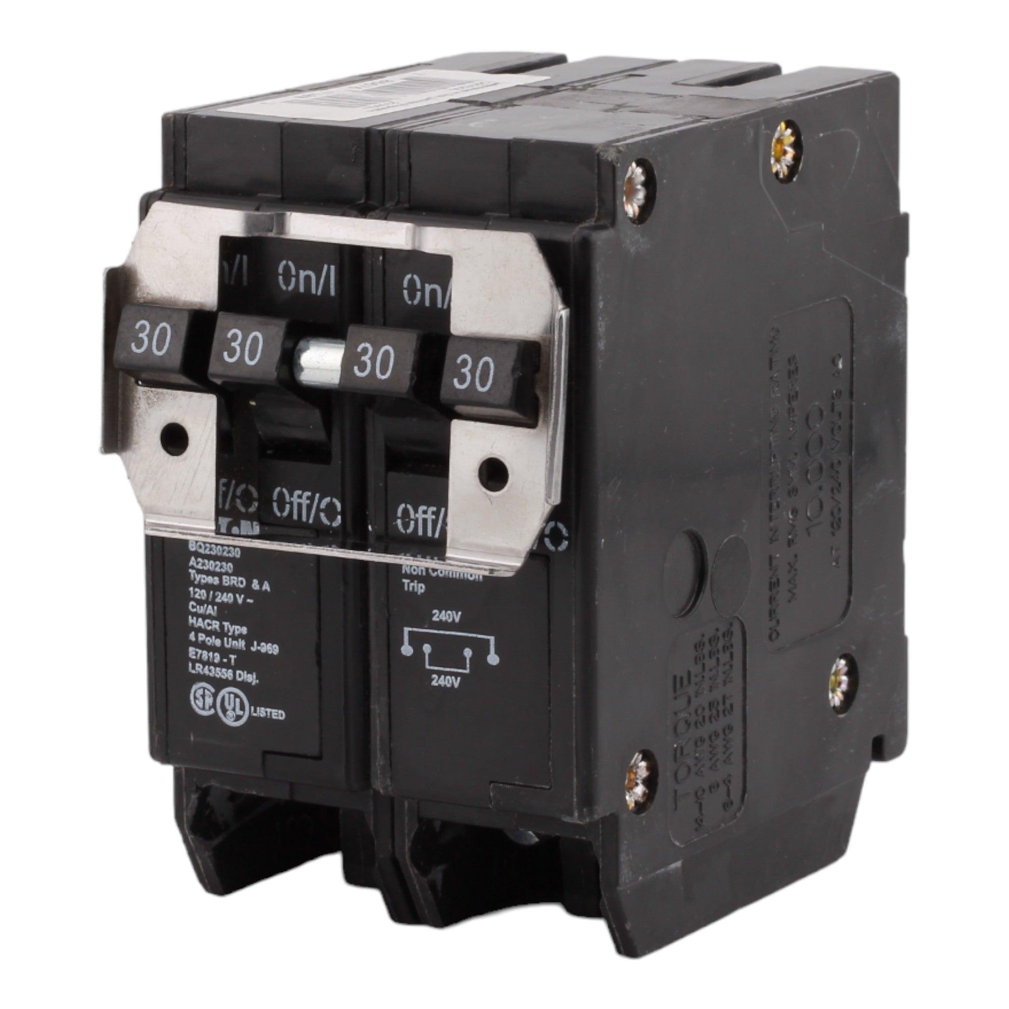 Eaton BQC230230 30 Amp Quad Circuit Breaker - Standard Trip, 120/240V, Plug-On, UL Listed