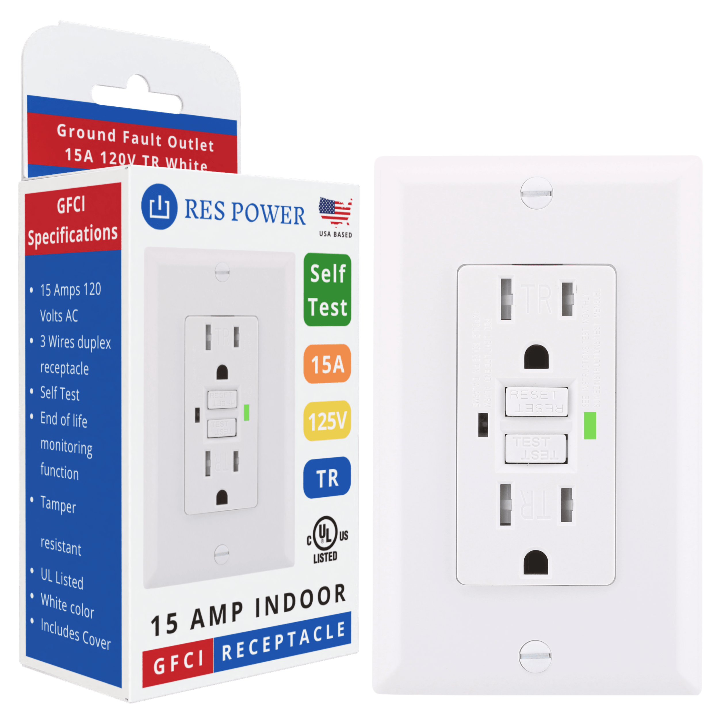 RES POWER RESGF15TR 15A 120V Tamper-Resistant GFCI Outlet Self-Test