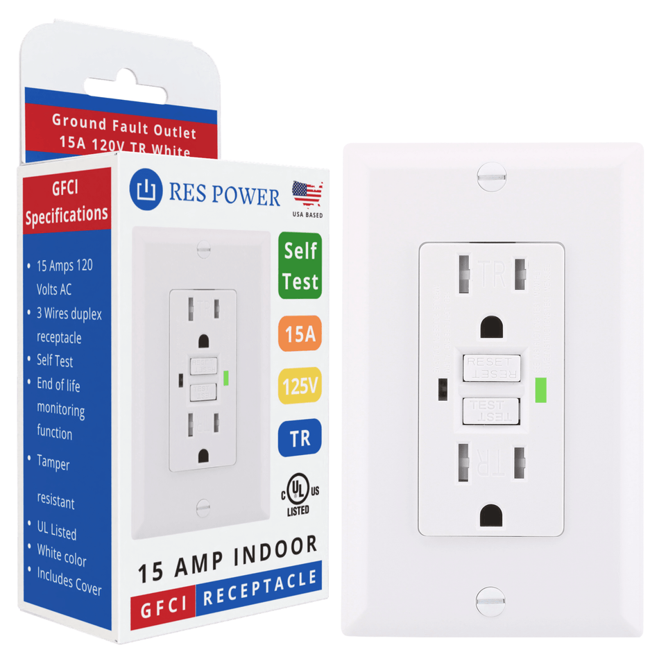 RES POWER Indoor 15 Amp GFCI Outlet Tamper Resistant, Self-Test, White, UL Listed, RESGF15TR - RES LLC Store