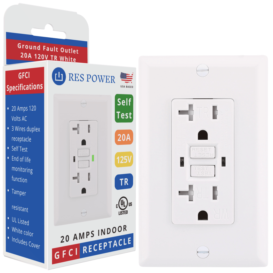 RES POWER Indoor 20 Amp GFCI Outlet Tamper Resistant, Self-Test, White, UL Listed, RESGF20TR - RES LLC Store