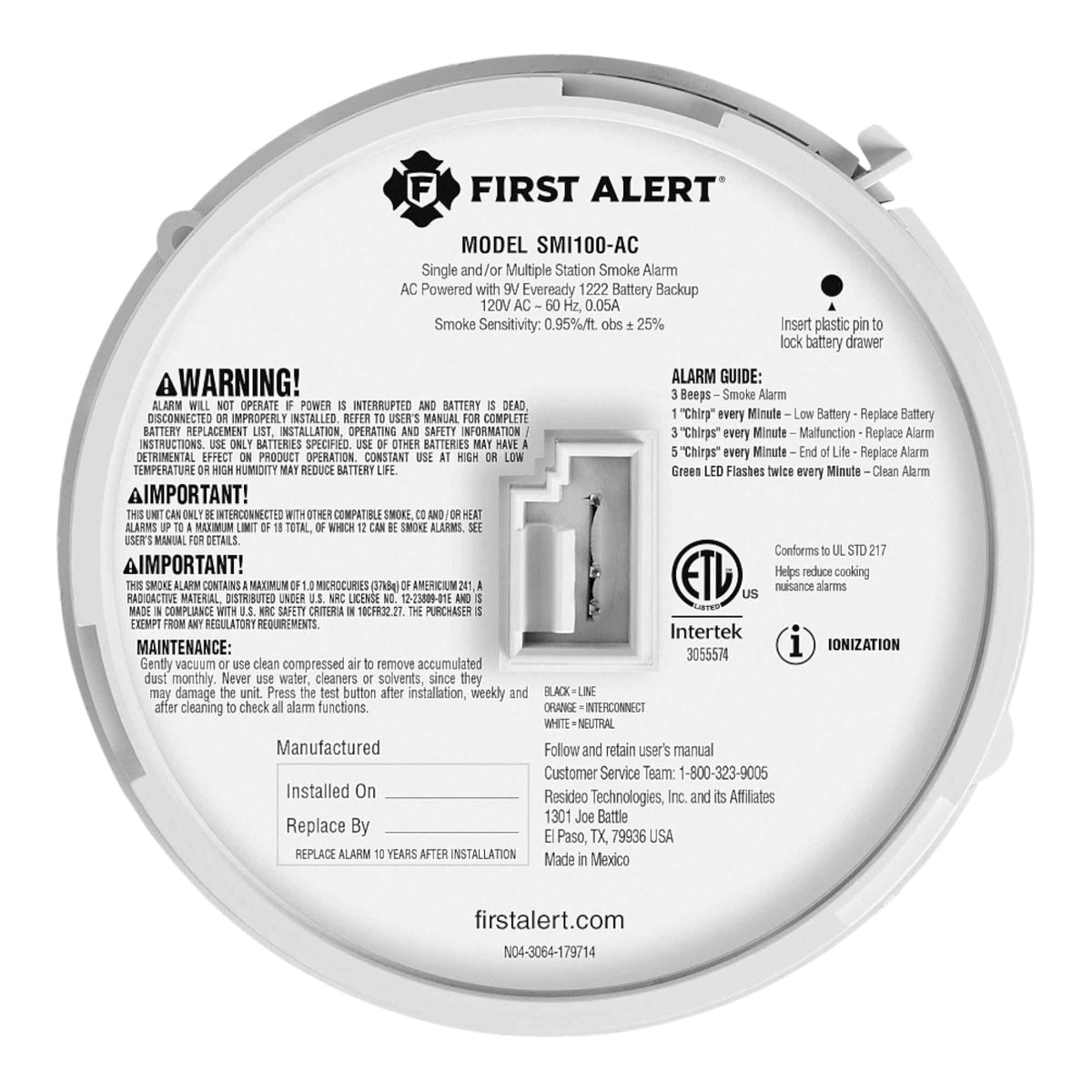 BRK SMI100-AC Hardwire Smoke Alarm 85dB Battery Backup Ionization UL