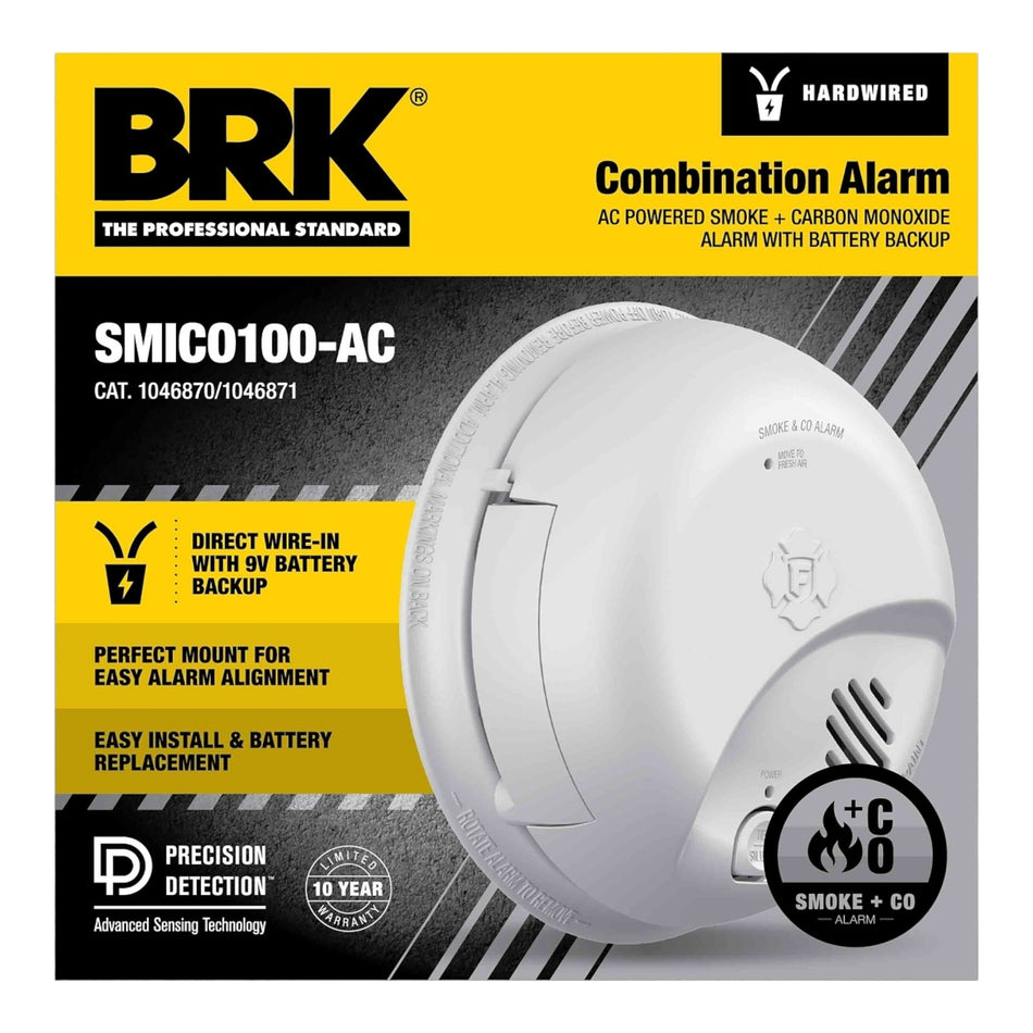 BRK SMICO100-AC, Hardwired, Combination Smoke & Carbon Monoxide Alarm, 9V Battery Backup, Ionization/Electrochemical Sensor, White