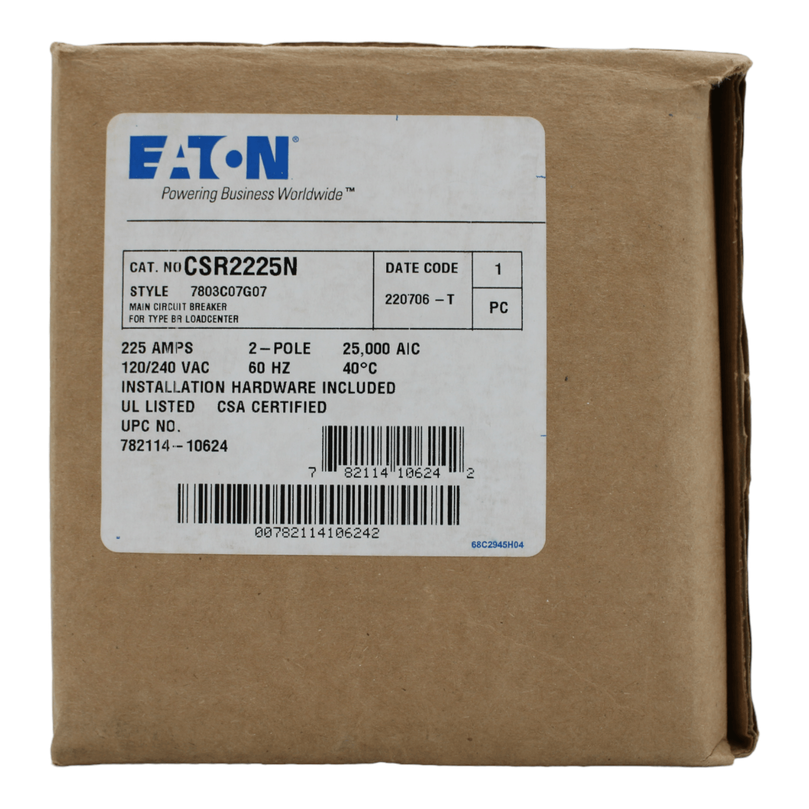 Eaton CH CSR2225N Main Breaker 225 Amps 240 Volts 2 Pole Bolt on UL Listed