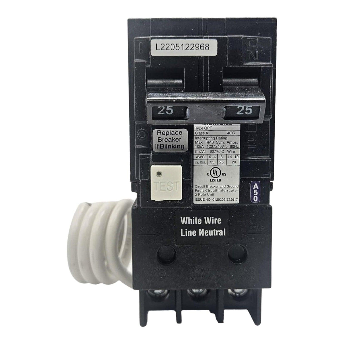 Siemens QF225A 25 Amp Double Pole 240V Pigtail-Neutral GFCI Ground Fault Circuit Breaker UL